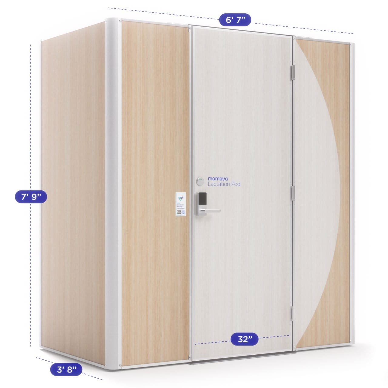 A Mamava lactation pod with natural wood finish and white door, featuring dimensions: height of 6 feet 7 inches, width of 3 feet 8 inches, and depth of 7 feet 4 inches, with a 32-inch door width.