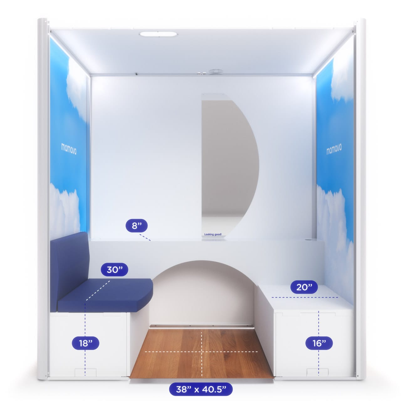Interior of a Mamava lactation pod showing a built-in bench with blue upholstery, detailed with dimensions: seat height 18 inches, width 30 inches, depth 20 inches; counter depth 8 inches; and a footrest area measuring 38 by 40.5 inches.